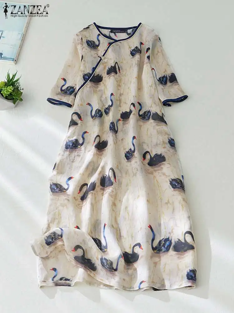 

Oversized Women Summer Midi Dresses Short Sleeve Loose Sundress ZANZEA Casual Vintage Printed Baggy Robe Femme Holiday Vestidos