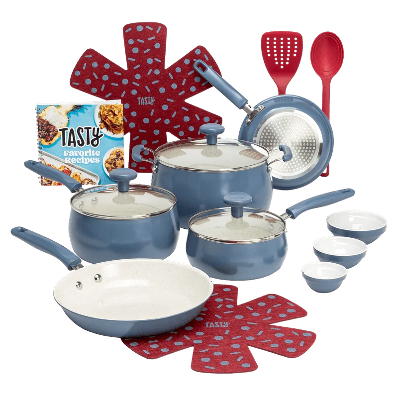 

Clean Ceramic 16 Piece Non-Stick Aluminum Cookware Set, Slate Blue