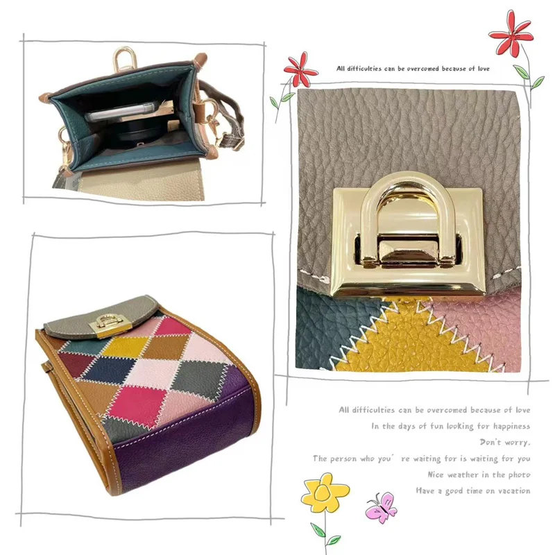 Annmouler Fashion Women Shoulder Bag Genuine Leather Messenger Bag Cow Leather Patchwork Phone Bag Colorful Crossbody Bag