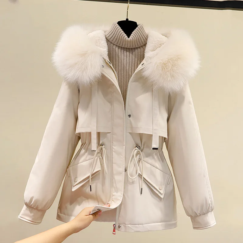 Cotton Padded Parkas Woman Winter 3XL Big Fur Thicken Jacket Women Loose Warm Fur Liner Hooded Outwear Jackets and Coats