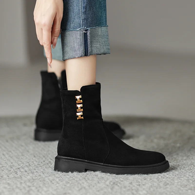 

Women Ankle Boots Luxury 2022 Designer Winter Faux Suede Casual Low Heel Women Shoes Plus Size Round Head Lady Short Boots