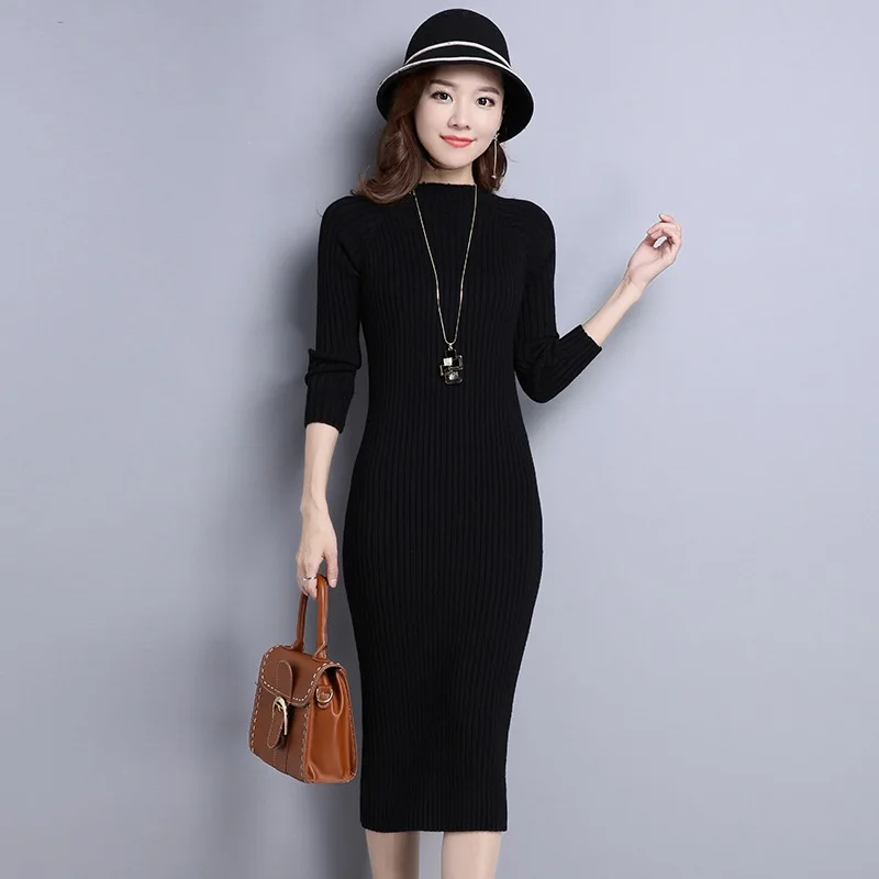 

Skinny Sheath below the Knee Warm Bottoming Knitted Dress for Women Autumn Winter Slim Long Sweater Knitted Dress Woman