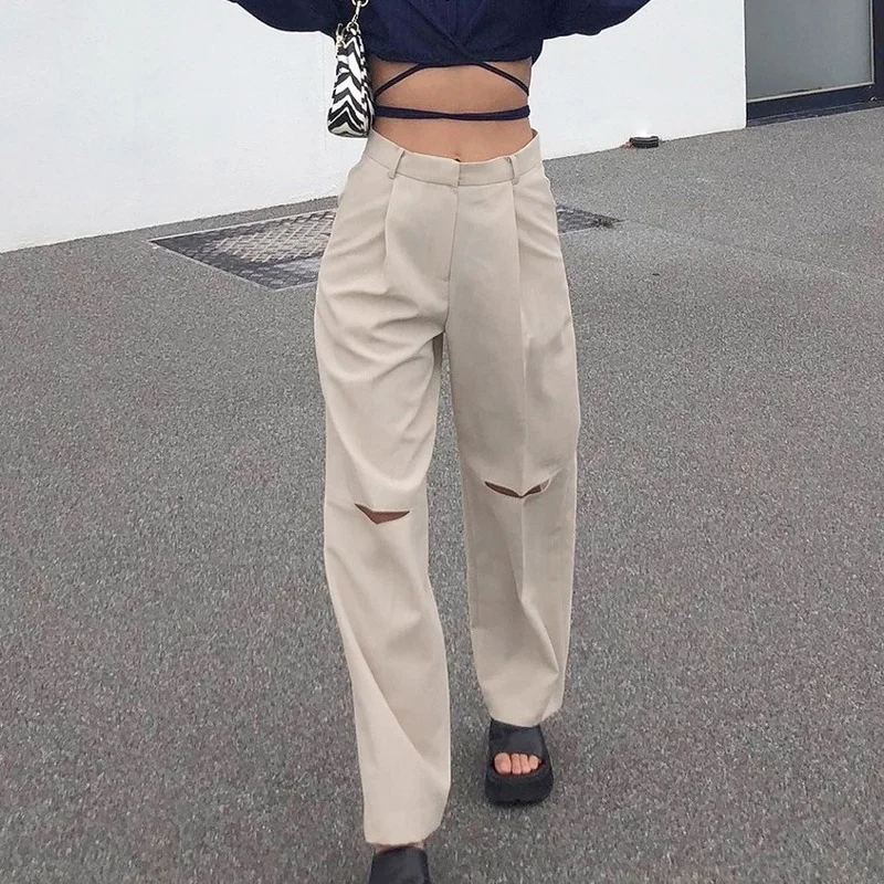 

Women Casual Pants Straight Elastic High Waist Hole Solid Beige Loose 2021 Summer Spring Lady Outfit Fashion New Female Trousers