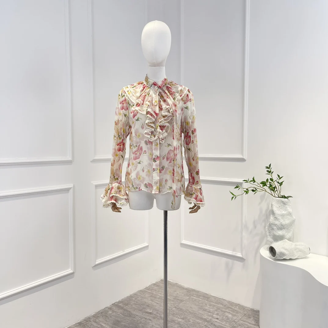 

Silk Top Quality New Arrival 2023 Spring Summer Sweet Natural Fabric Pink Floral Printing Button Long Sleeve Blouse for Women