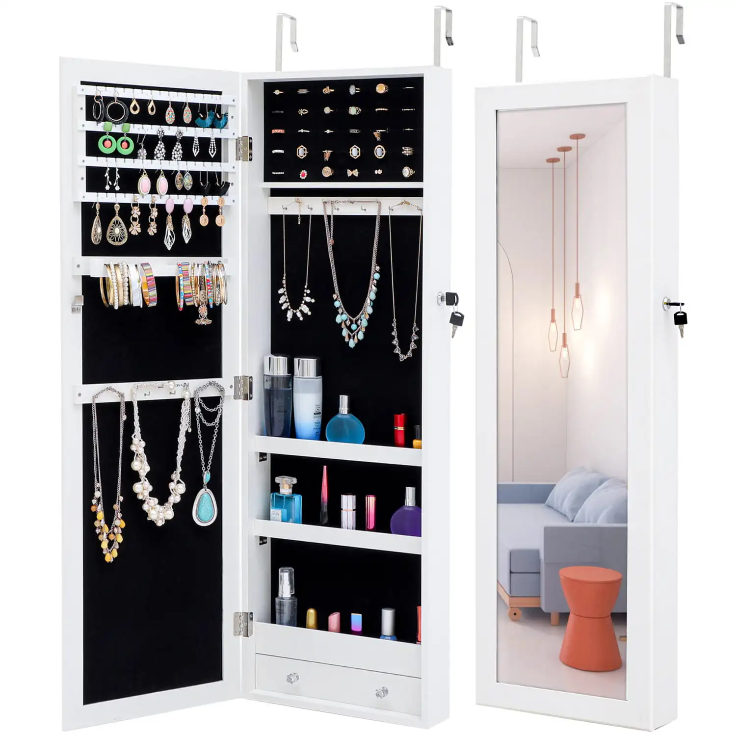 Mirror Jewelry Cabinet, Lockable Wall/Door Mounted Jewelry A
