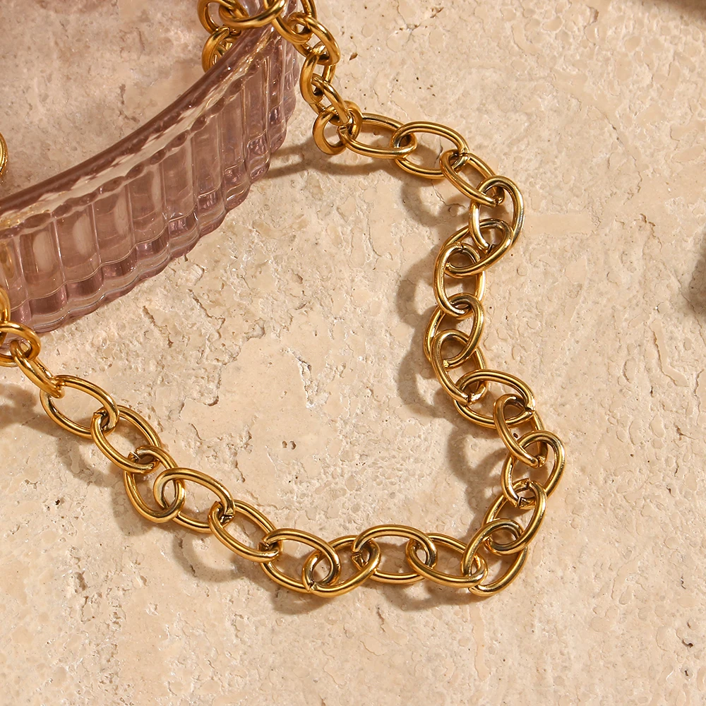 

Stylish Minimalist Fine Polished Link Chain Choker Necklace Bracelets Bangles Stainless Steel 18K Gold Plated Chain Jewelry Set