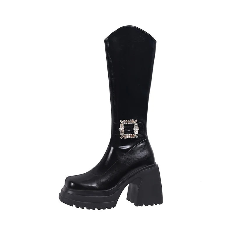 

(YYDD) осенне-зимние женские ботинки на платформе с квадратным носком и блестящими кристаллами на очень высоком каблуке