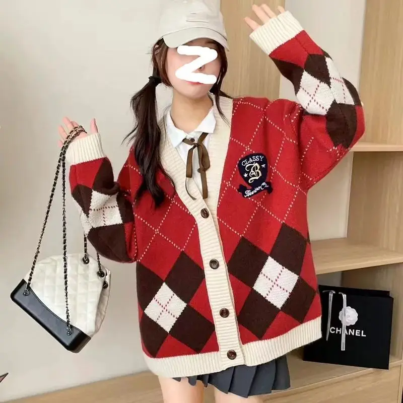 

Hsa Kawaii Argyle Embroidery Cardigan Women Jk Uniform Checkerboard Sweater Coat Autumn Loose Y2k Knitted Sueters De Mujer