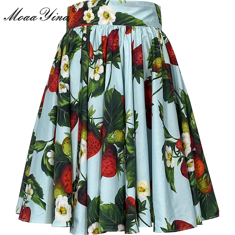 MoaaYina Fashion Runway Autumn Winter Short Skirts Women's High waist Strawberry Flowers print Vacation Party Mini Skirts