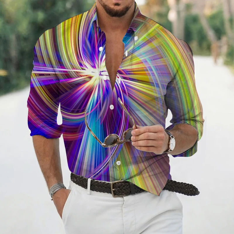 Spring Summer Top Shirt Men Fashion Long Sleeve Geometric 3D Print Beach Casual Single Breasted Lapel Shirt
