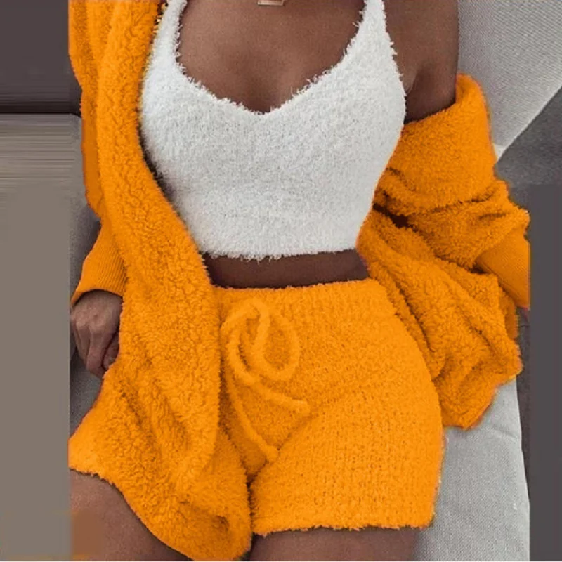 Pajama for Women's 2023 Winter Plush Home Wear Casual 3-piece Pajama Long Sleeved Open Navel Vest Shorts Set