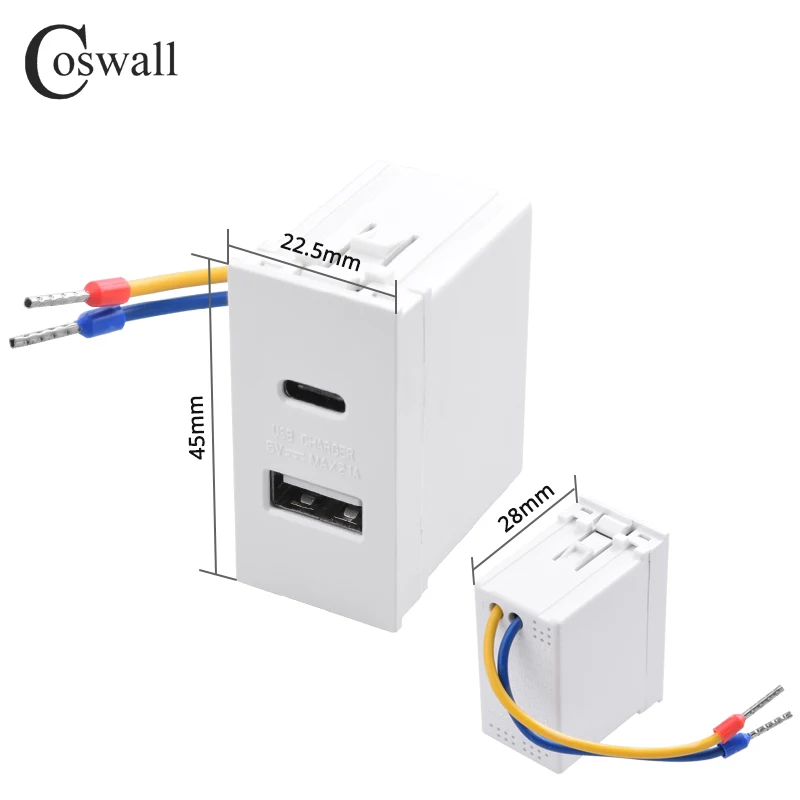 Настенная розетка COSWALL E45 / P45 с двумя USB-портами, 45*22,5 мм
