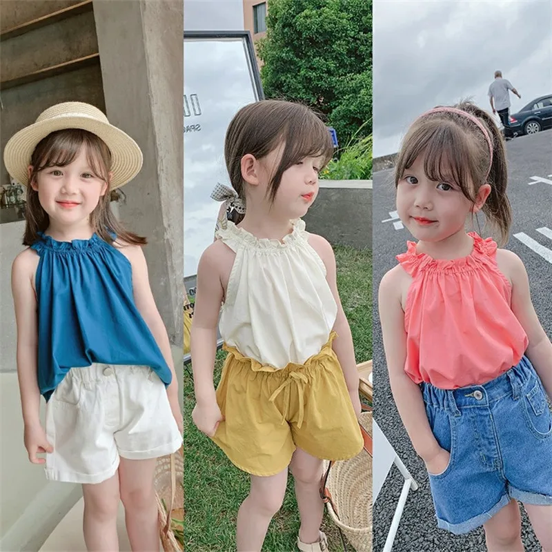 

summer baby girls camis sleeveless top tank top vest halter solid color cotton ruffles beach Boho toddler 3 to 8 yrs