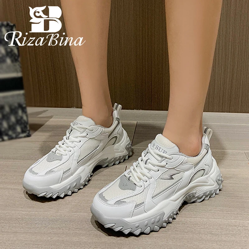 

RIZABINA Women Sneakers Real Leather Chunky Ins Fashion Heels Shoes For Woman Casual Daily Lady Street Footwear Size 35-40