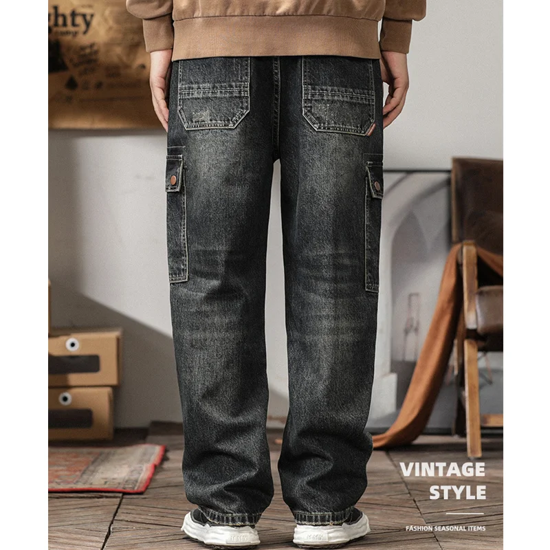 Streetwear Men 2022 New Pattern Vintage Recreational Blue Black Jeans Loose Straight Cylinder Broad Leg Trousers Autumn Female
