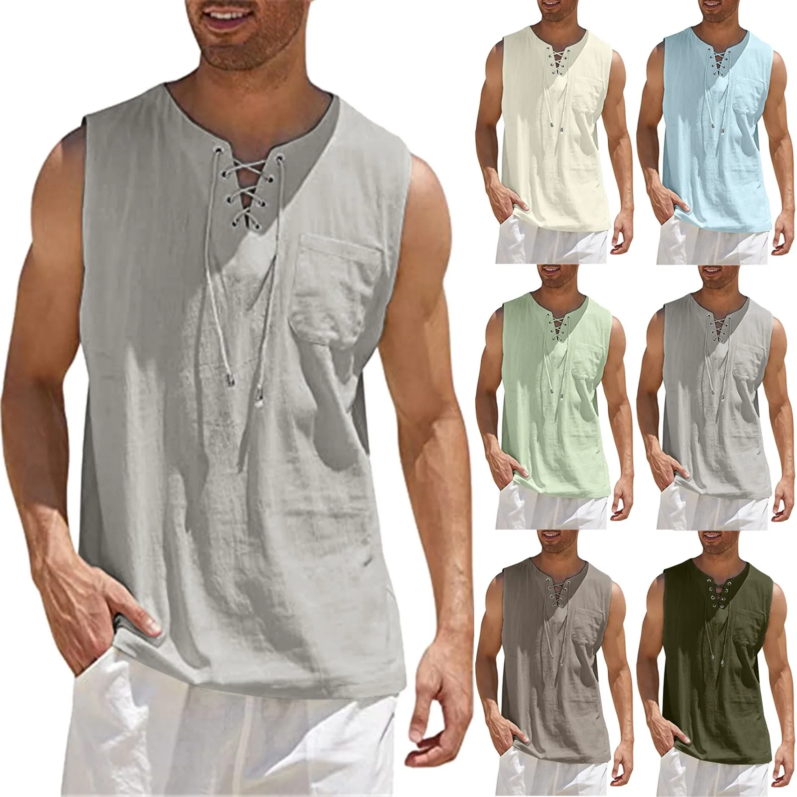 

Майка мужская из хлопка и льна, винтажная рубашка без рукавов, с кулиской и V-образным вырезом, топ для спортзала, Пляжная Уличная Повседневная майка, однотонная, лето