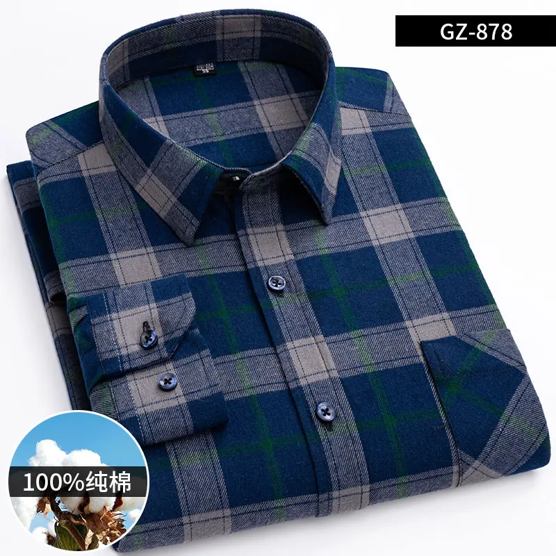 2023 New 100% Cotton Sanding Fabric  Men Casual Plaid Flannel Shirt Long-Sleeved Vintage Shirt Men's with Pocket