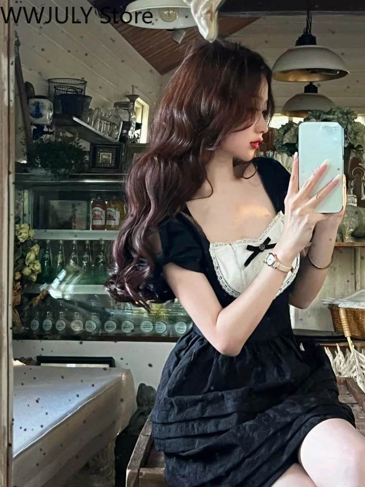 

Lace Mini Dress Elegant Casual Short Sleeve Dress Woman Gothic French Vintage Short Party Dress Korean Fashion 2022 Summer Slim