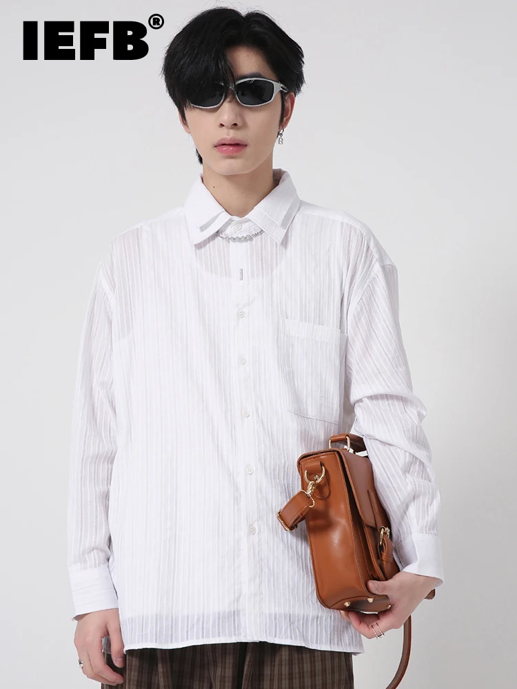 

IEFB Menwear Striped Double Lapel Long Sleeve Casual Shirt Korean Loose Simple Personalized Design 2022 Spring Fashion 9A1836