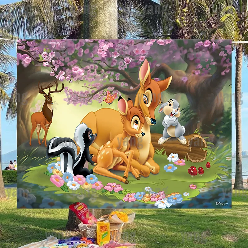 

Disney Cartoon Cute Birthday Party Painting Deer Bambi of Fawn Rabbit Thumper Picture Forest Background Decor Colorful Backdrop