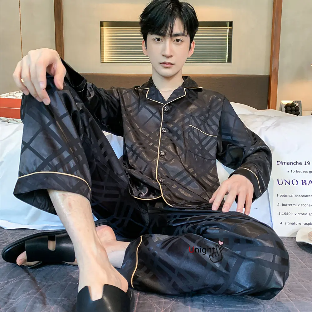 Men Silk Satin Pajamas Sets Long Sleeve Pyjamas Suit Sleepwear Pijama Men Loungewear Plus Size Set L-5XL Sleepwear Set Nightwear