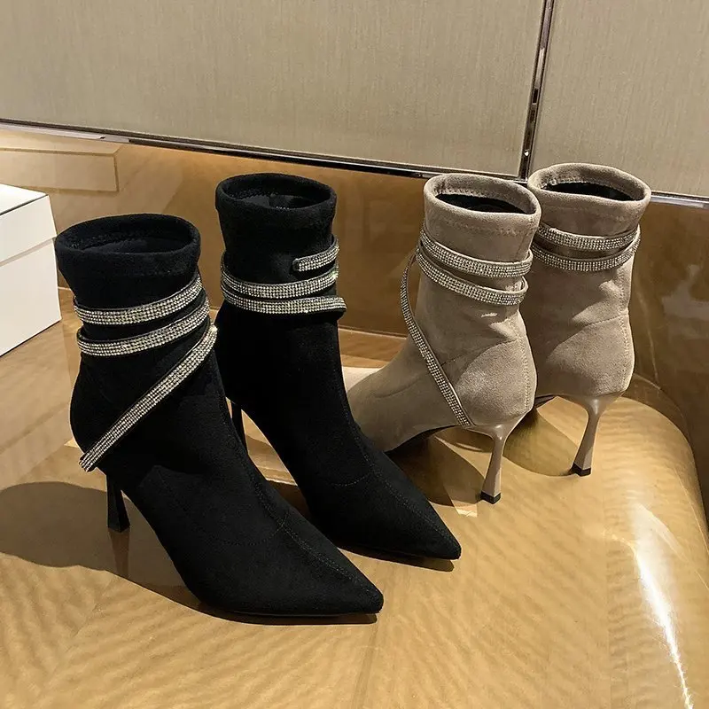 Ботильоны женские ботинки женская обувь модная на высоком каблуке заостренные