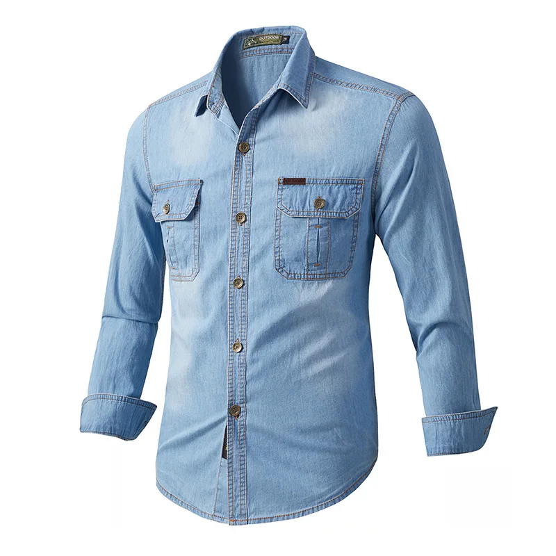

New Men's Denim Shirt Solid Color Long Sleeve Cardigan Multi Pocket Work Dress Shirt Casual Daily Men's Casual Shirt Size 5XL -M
