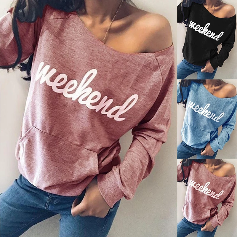 

Women's 2022 Autumn and Winter New English Alphabet Print Off-the-shoulder Fashion Personality Long Sleeved Pullover S-2XL