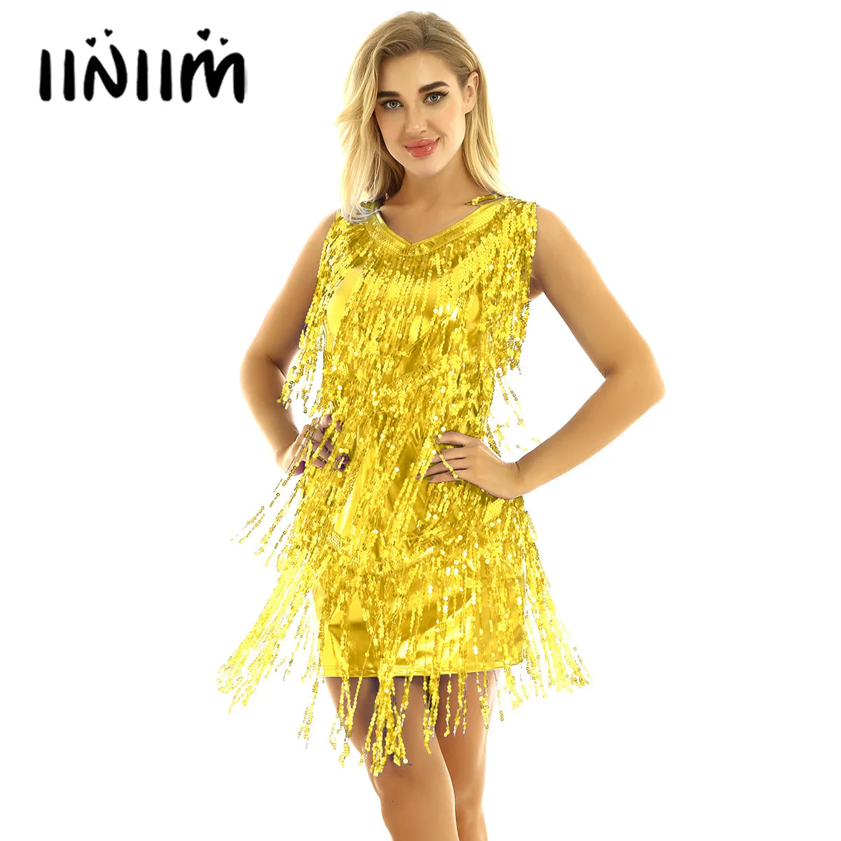 

Women Ladies Latin Dance Dress V Neck Sleeveless Sparkling Sequin Tassels Ballroom Samba Tango Latin Performance Dancing Dress