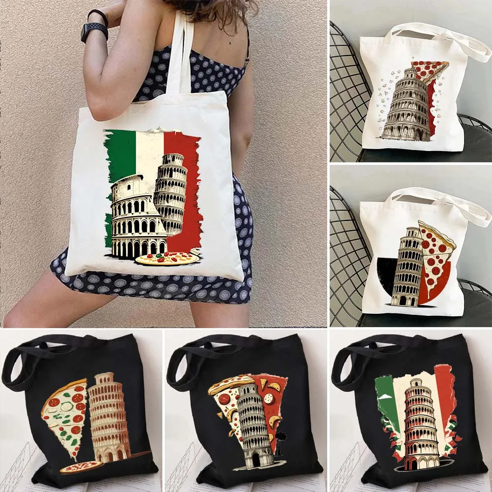 

Pisa Tower Italy Italia Torre di Pisa Cute Pizza Women's Canvas Shoulder Totes Bag Large Capacity Cotton Shopping Beach Handbags