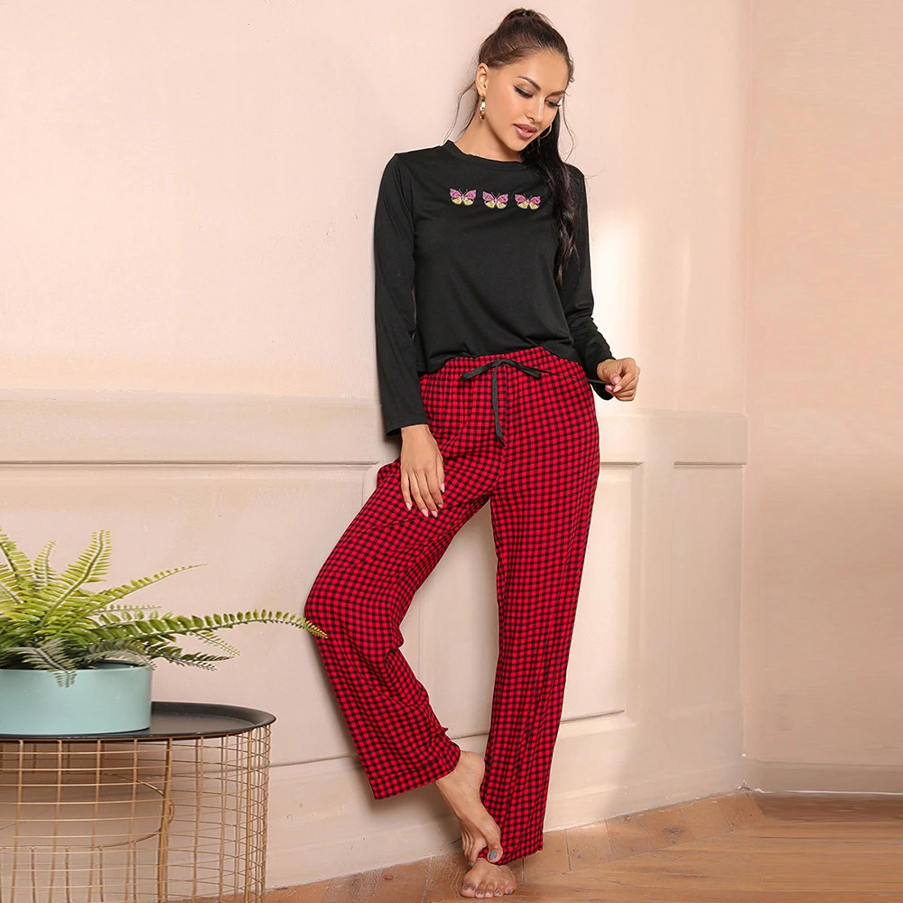 

2022 Full Sleeve Red Plaid Trousers Elastic Waist Pants Black Tops Pajamas Women's Home Wear Female Cloth 2 Piece Sets S M L XL
