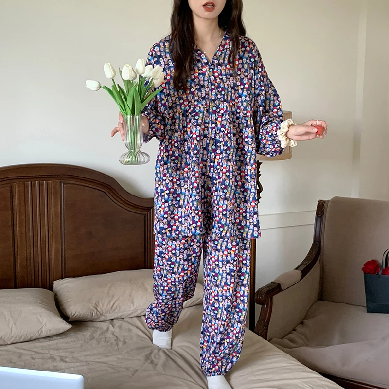 CAIYIER Women Korean Cartoon Sleepwear Casual V-Neck Long Sleeve Nightwear Autumn Sweet Girl Pajamas Set Loose Outifits Homewear