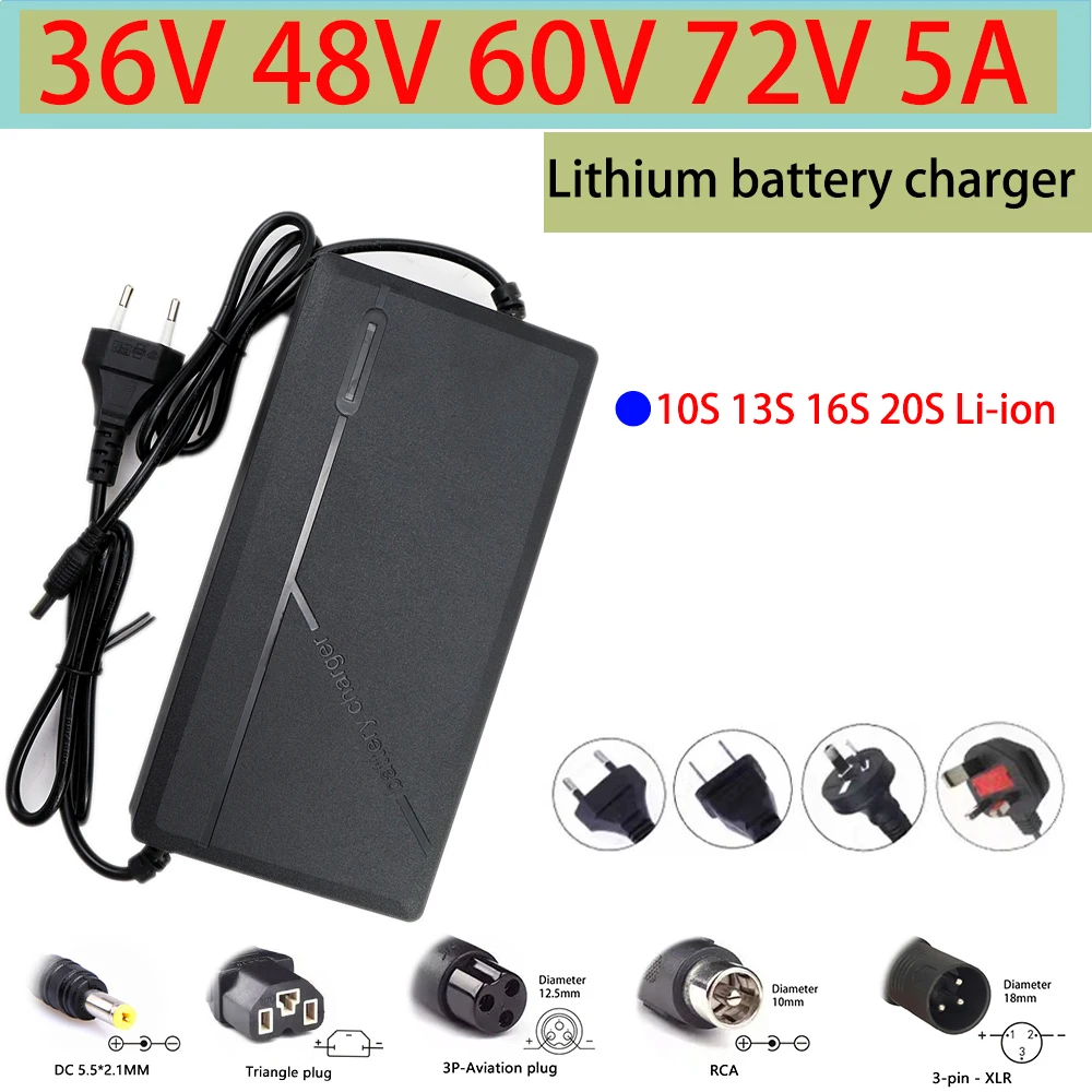 

36V 48V 60V 72V 5A Charger 10S 13S 16S 20S Li-ion Battery Pack 42V 54.6V 67.2V 84V 5A Intelligent Fast Charging US/EU/AU/UK Plug