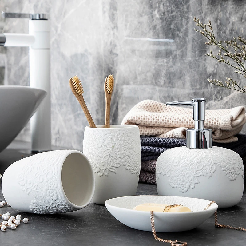 

Ceramic White Bathroom Accessories Sets Decoration Toothbrush Cup Shampoo Dispenser Soap Dish Creative Toilet Organizer Supplies