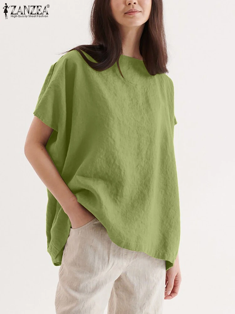

Винтажная летняя блузка ZANZEA с коротким рукавом для женщин 2022 Стильная однотонная рубашка Свободные повседневные топы Туника большие рабоч...