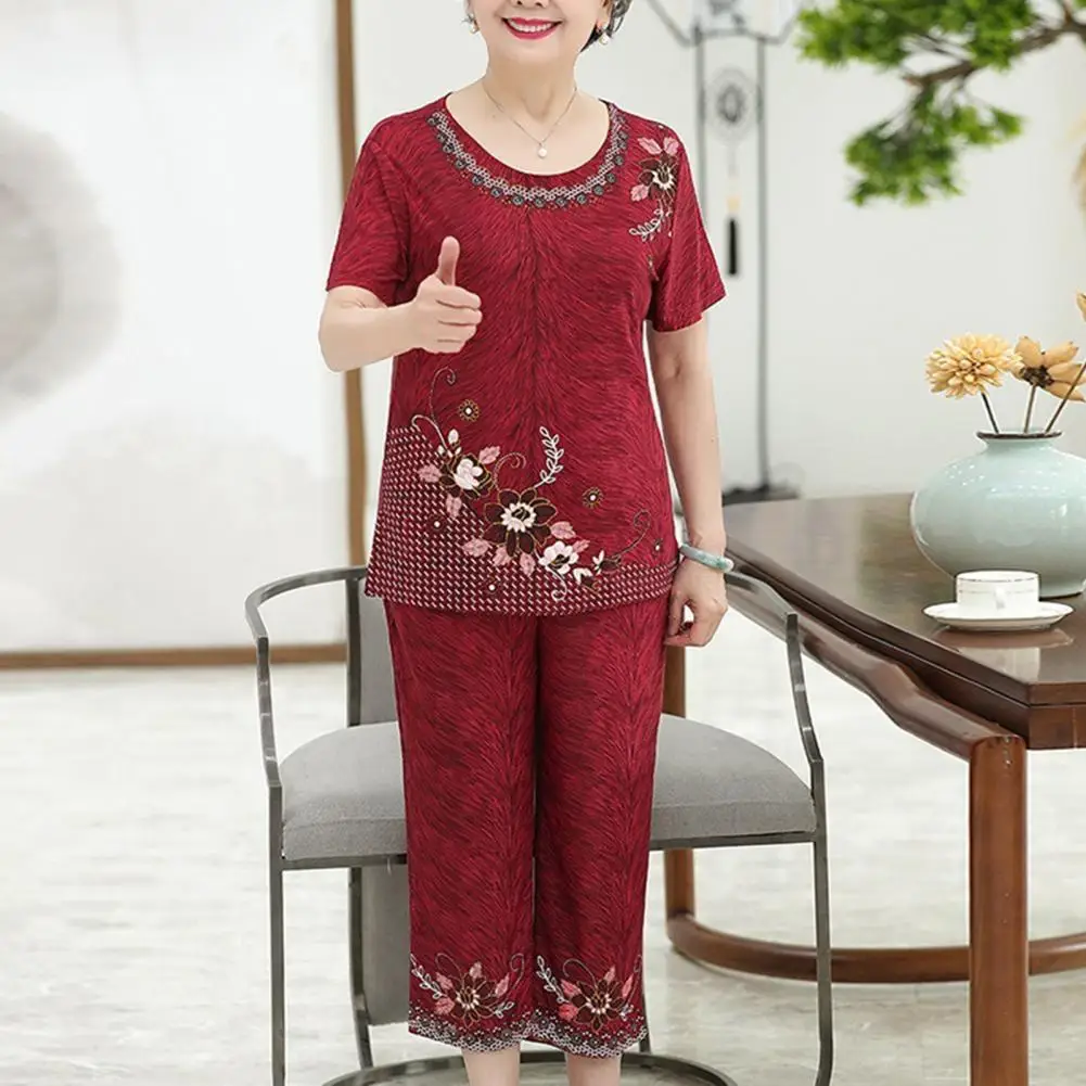 

Flower Print T-shirt Elegant Flower Print Grandma T-shirt Pants Suit Breathable High Elastic Summer Set for Elderly Women Ladies