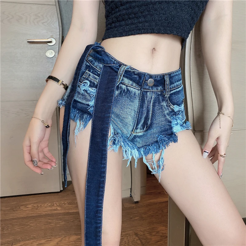 

2021 Women Sexy High Waist Denim Shorts Summer Ladies Splicing Waist Belt Tassels Denim All-Match Skinny Sexy Super Short Jeans