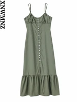 xnwmnz 2022 women fashion linen blend midi dress woman resort style v neck thin straps ruffle hem female chic dresses