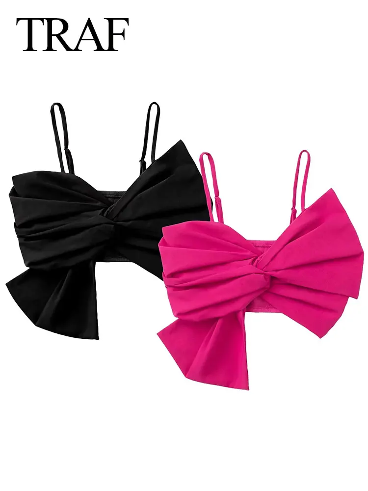 

TRAF 2022 Summer Women Adjustable Spaghetti Strap Short Sling Top Asymmetrical Cross Large Bow Decorative Backless Stretch Vest