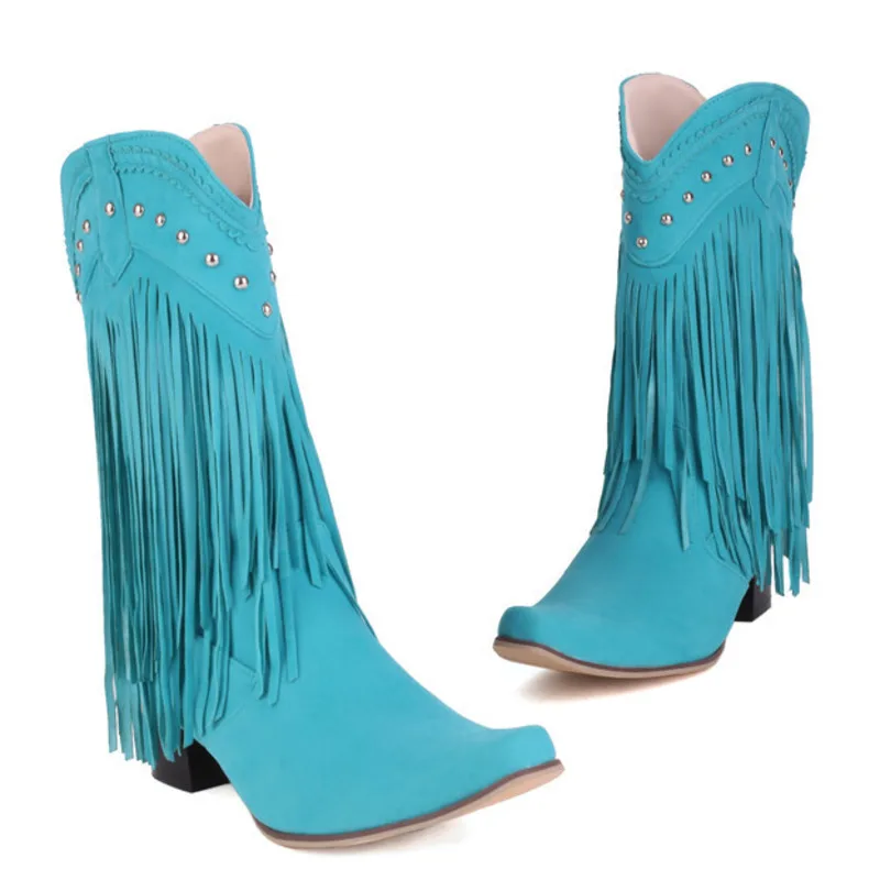 Women Tassel Cowgirl Boots Shoes 2022 New Fringe Middle Heels Western Boots Fashion Slip-on Wedge Pointed Toe Boots Female