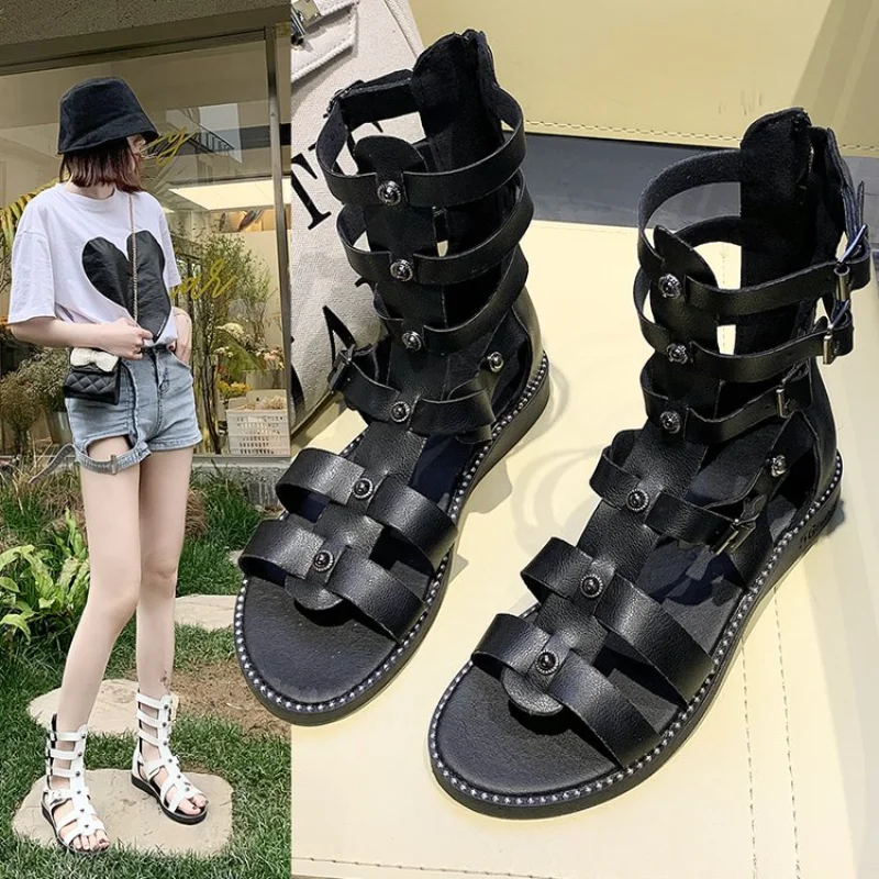 

Roman Gladiator Bandage Cool Boots Women Mid Calf High Flats Sandalias Botas Women Shoes Girls Summer Hollow Ladies Sandals Boot