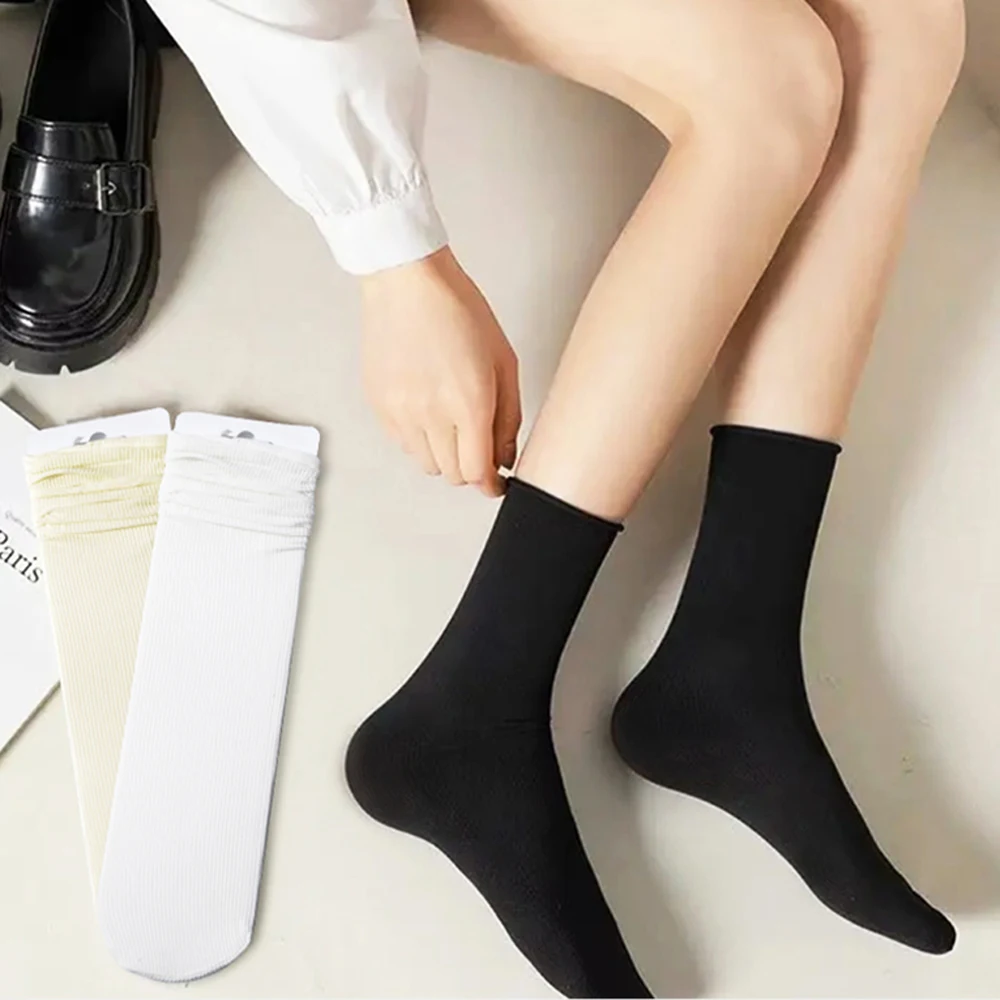 

3/10Pairs Set Thin Loose Socks Women Girls Spring Summer Soft Breathable Middle Tube Socks Solid Color Black White High Socks
