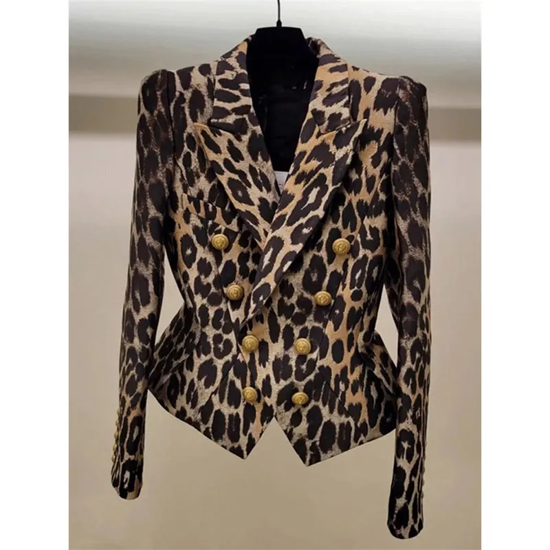 Женский двубортный Блейзер винтажный пиджак с леопардовым принтом короткая