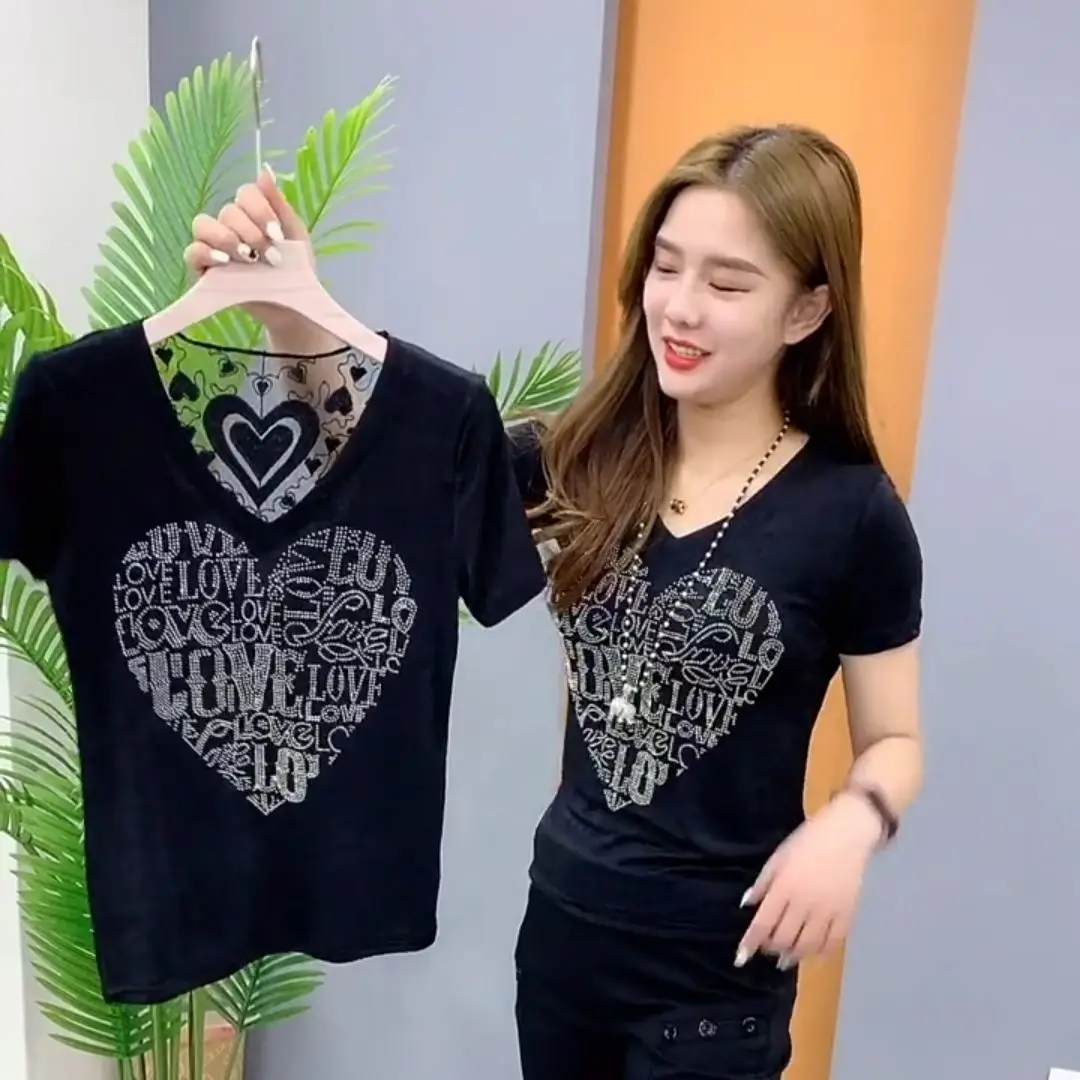

2022 Women's New Hot Drill T-shirt Hollowed Out Beautiful Back Design Slim Summer Fashion Spring Half Sleeve Top