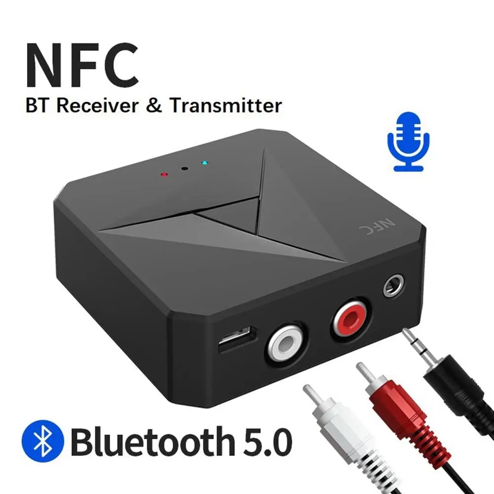 

2-in-1 NFC Bluetooth 5.0 Receiver Transmitter Car Speaker Hands-free Calling 3.5mm Aux Jack Rca Music Wireless Audio Adapter