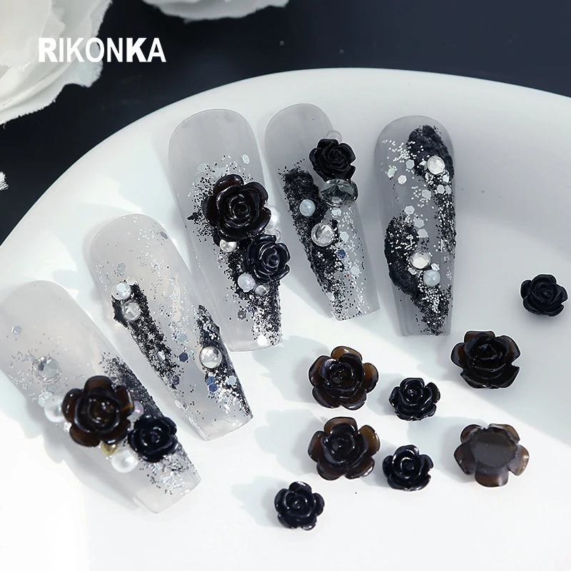 

50Pcs Black Rose Flower Parts Dark Camellia Mix Pearl Gems Resin Rhinestones Nail Supplies For Professionals DIY Charms Manicure