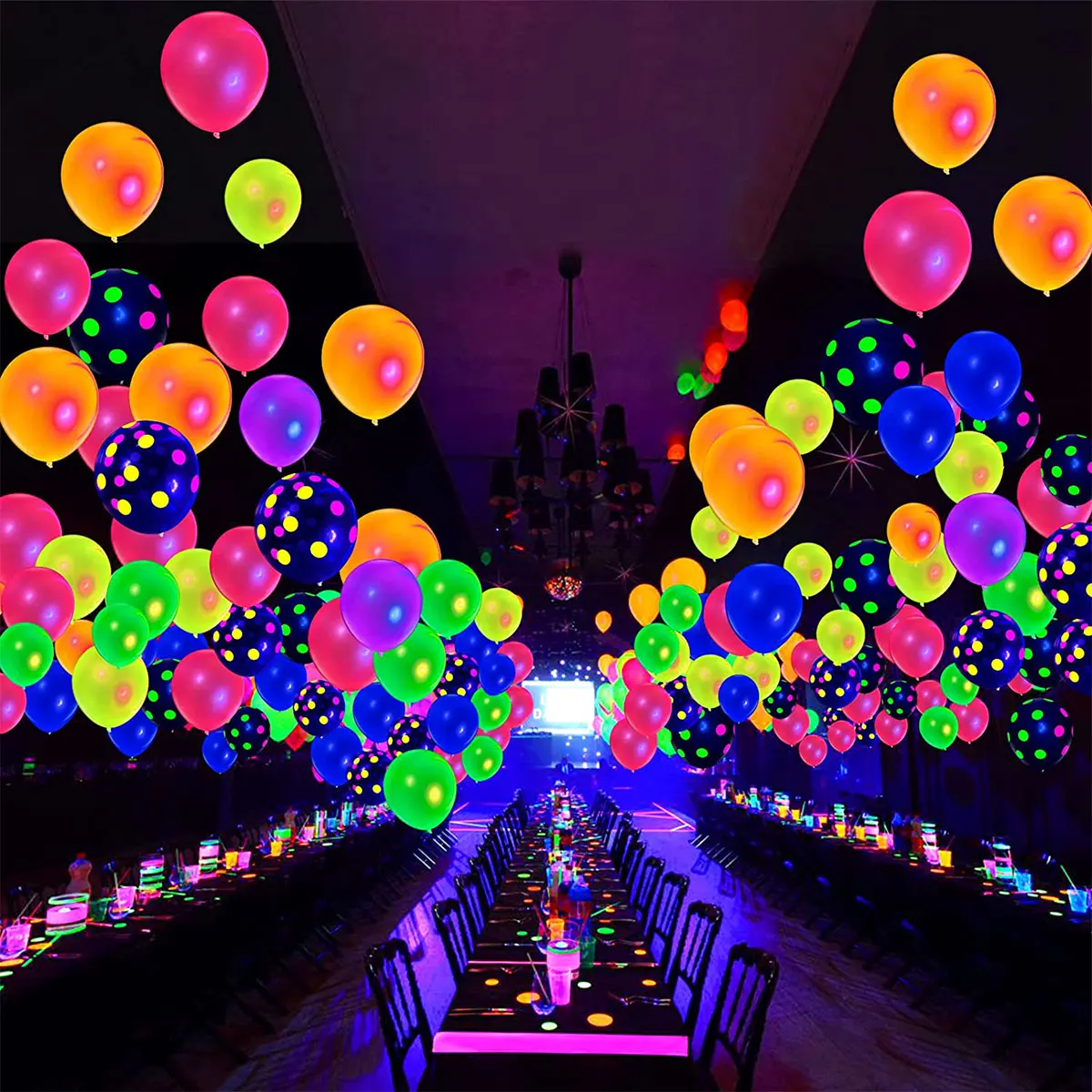 

90Pcs Neon Balloons 12” UV Neon Glow Balloons Reusable Polka Dot Blacklight Balloons Glow in the Dark Latex Balloon Blacklight