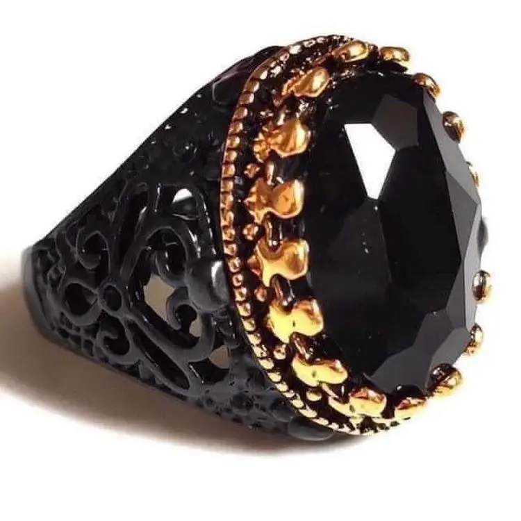 

Retro Fashion Black Faceted Gemstone Open Adjustable Ring Men's Hollow Pattern Ring Wholesale Jewelry Gift