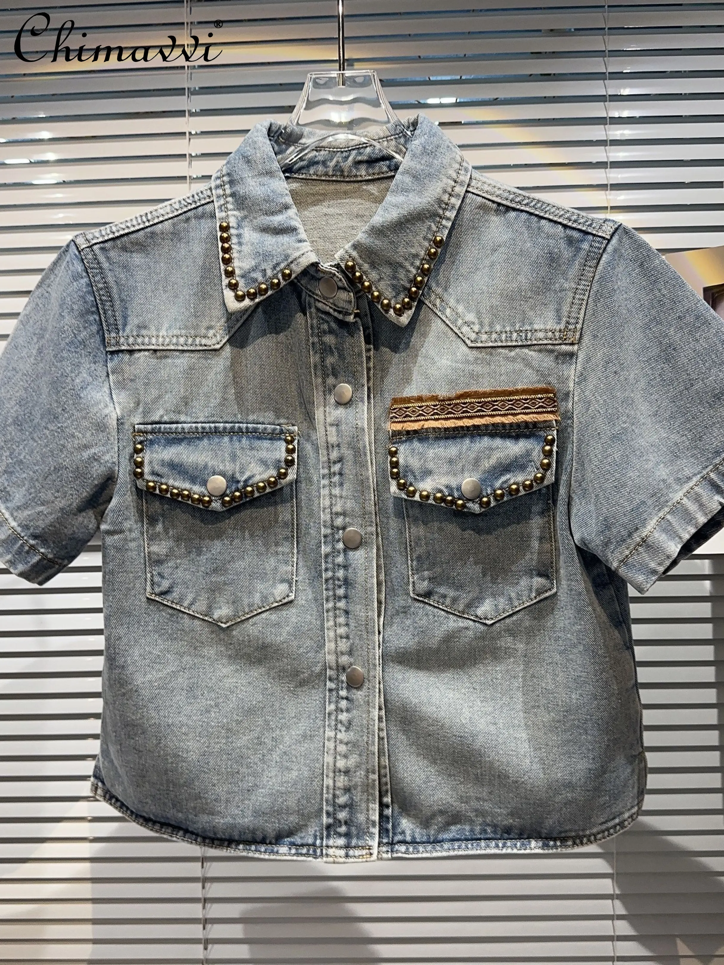 

2023 Summer New Fashion Hot Girl Metal Rivet Collar Denim Shirt Loose Cowboy Short Sleeve Blouse Elegant Leisure Women Tops