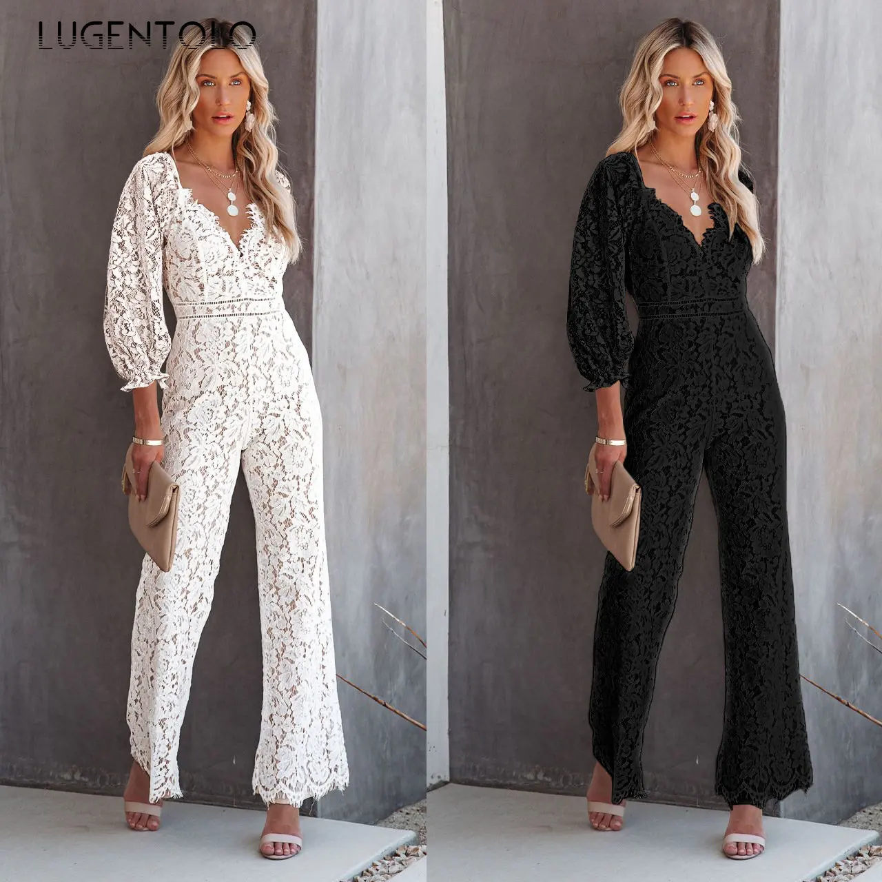

Women Elegant Lace Jumpsuit Sexy Deep V-neck Spring Autumn Solid Ladies Slimempire Straight Embroidery Jumpsuits